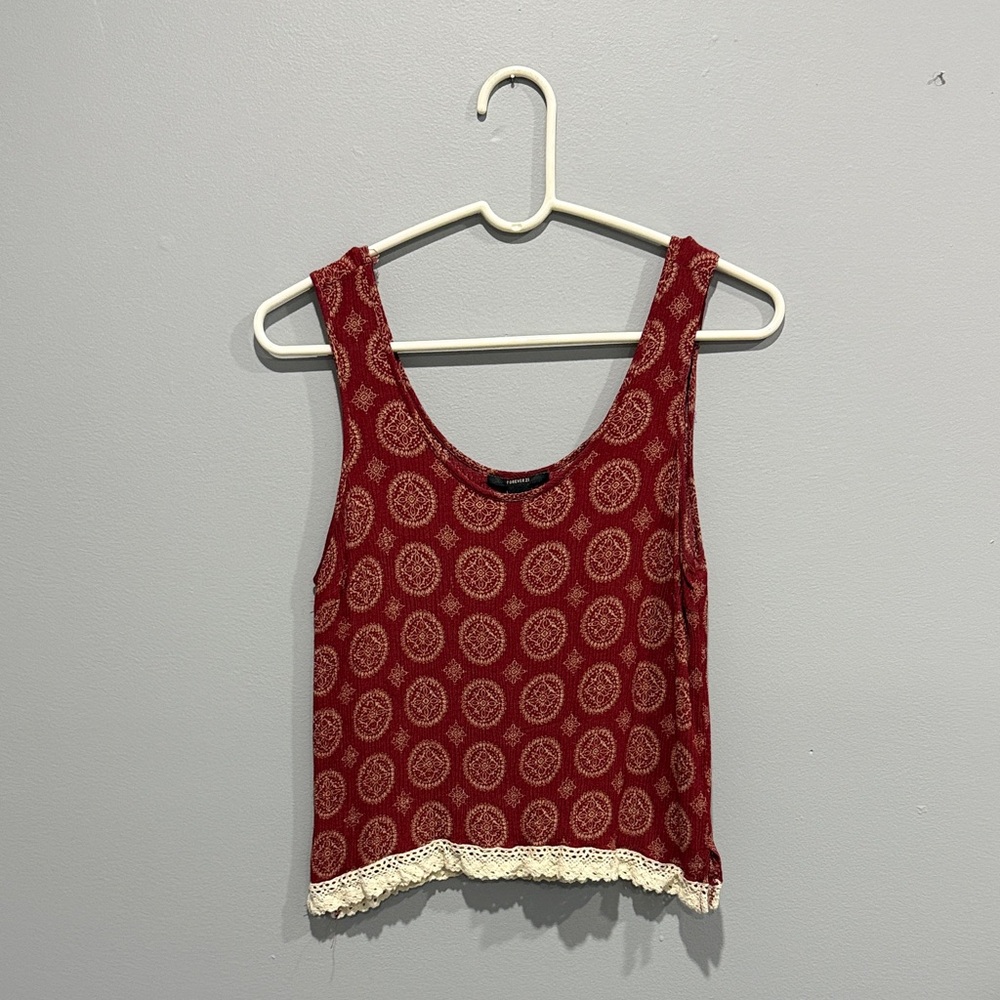 Forever 21 Red Patterned Tank Top with Lace Hem